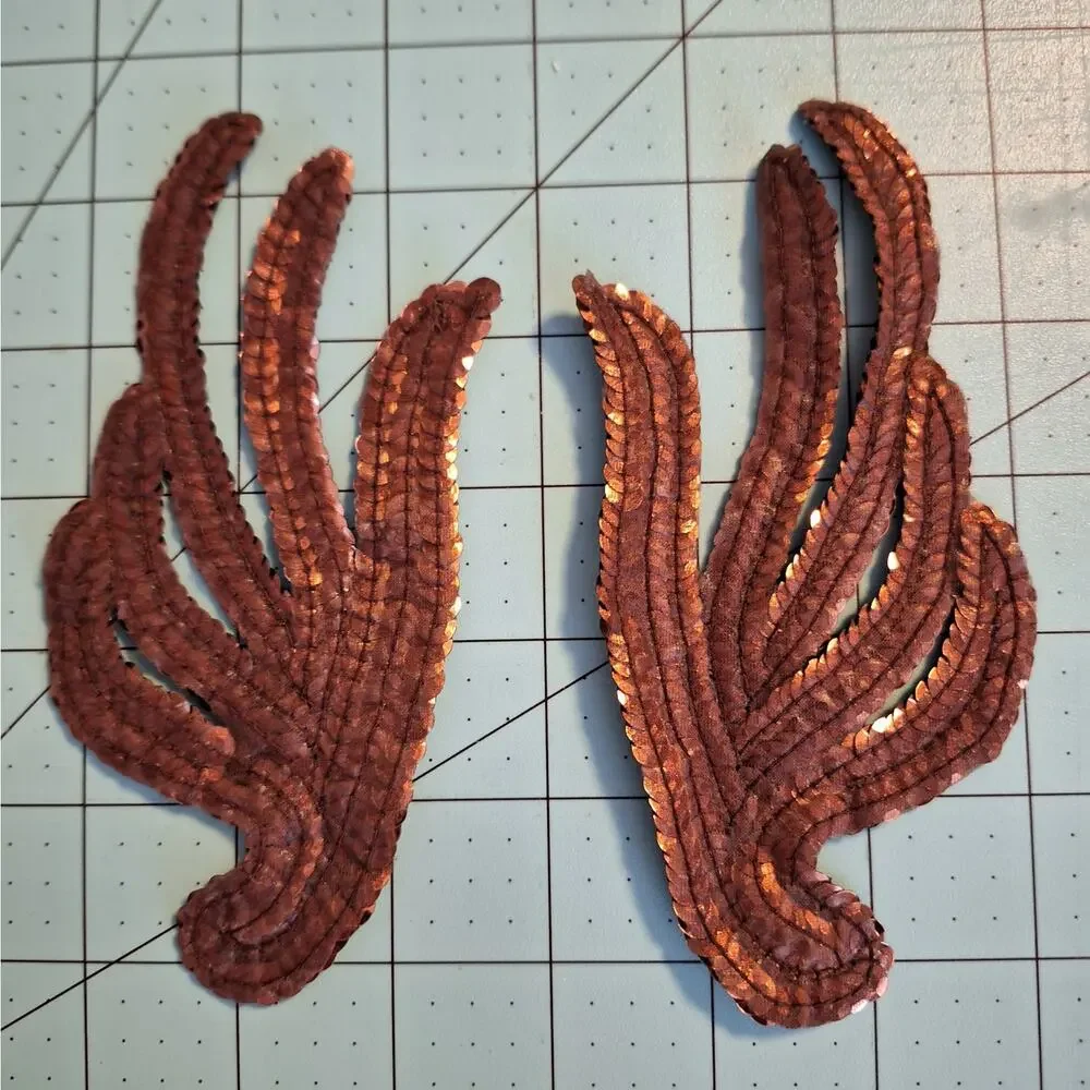 Bronze sequin mirror leaf pair applique